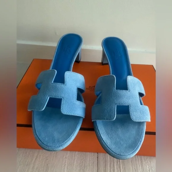 Hermes Bleu Cameo Oasis Sandals Velvet Goat size 37 - Picture 7 of 12